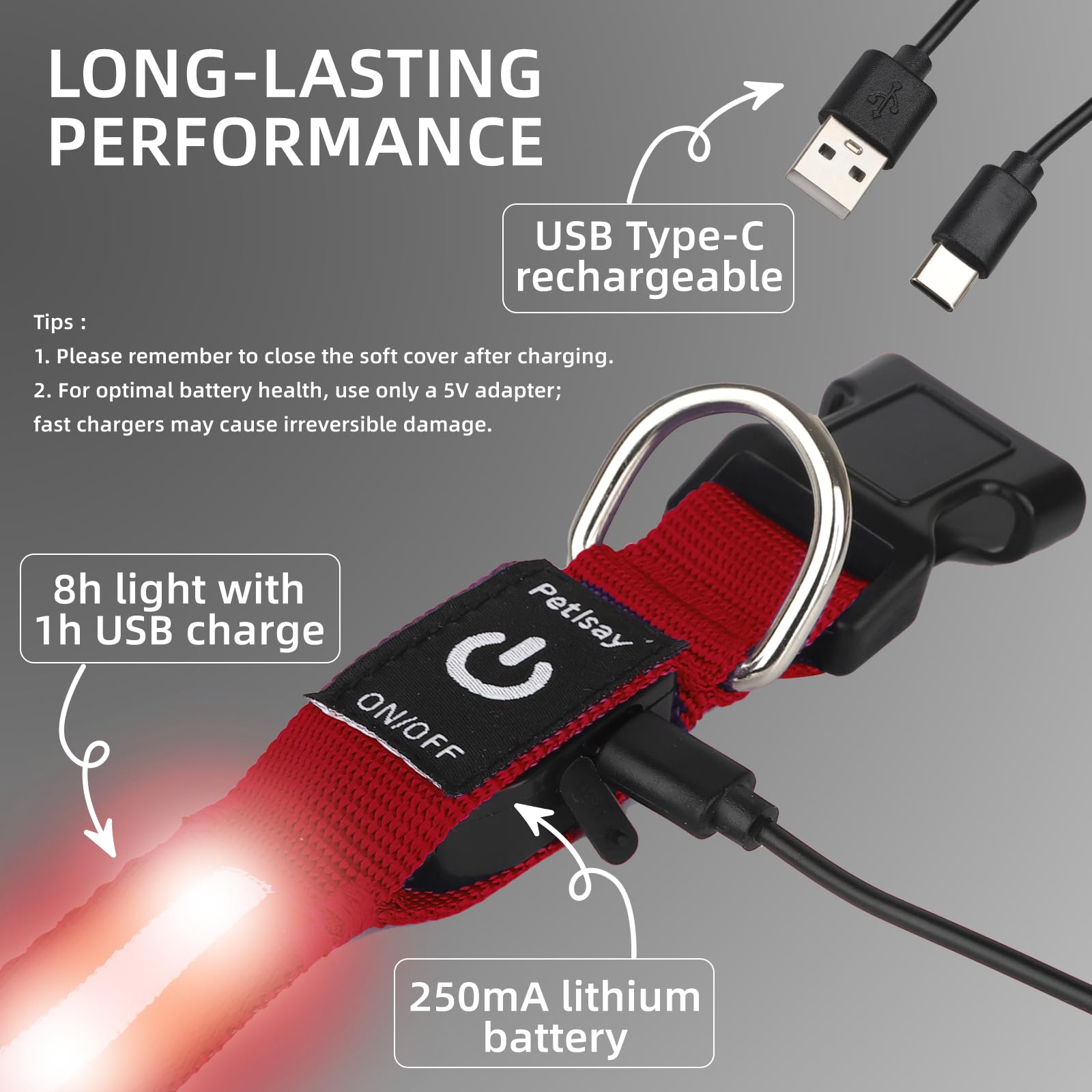 PetIsay LED Collar displaying three modes: fast flash, slow flash, and steady.