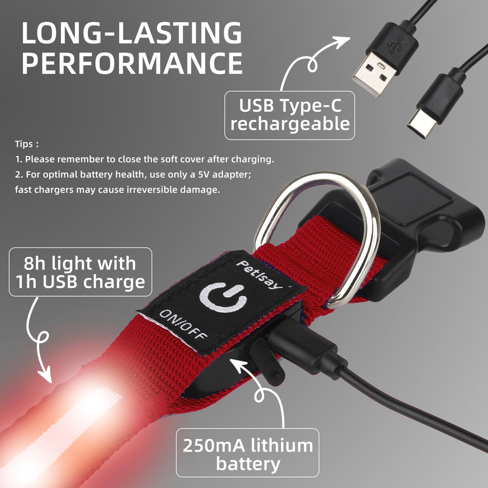 PetIsay LED Collar displaying three modes: fast flash, slow flash, and steady.