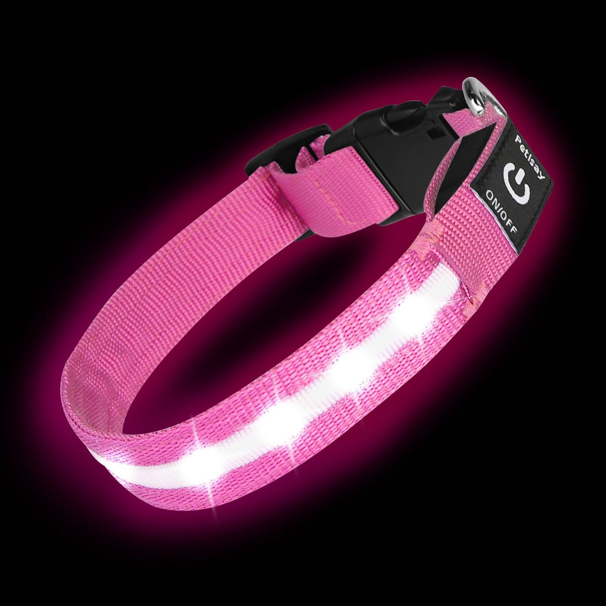 PetIsay Super Bright LED Dog Collar closeup showing vivid glow for safer nightly walks.