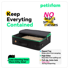 Petisfam Travel Light Litter Box includes a scooper for quick cleanup on the road