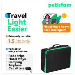 Petisfam Travel Light Litter Box with zipped-top containing litter and odors during travel