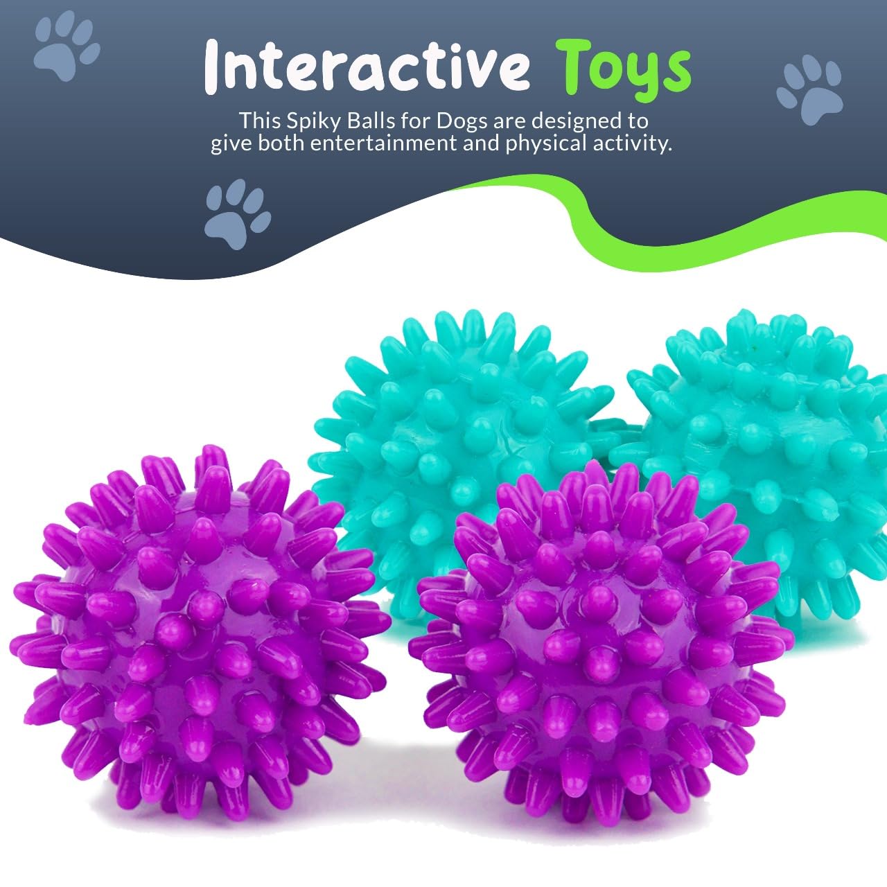 Petite Paws 4-pack spiky balls in purple and teal for interactive fetch and chew.