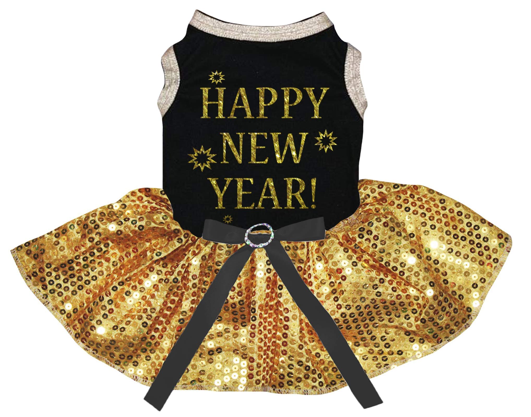 Petitebella Happy New Year puppy dress in black and yellow sequins for festive photos
