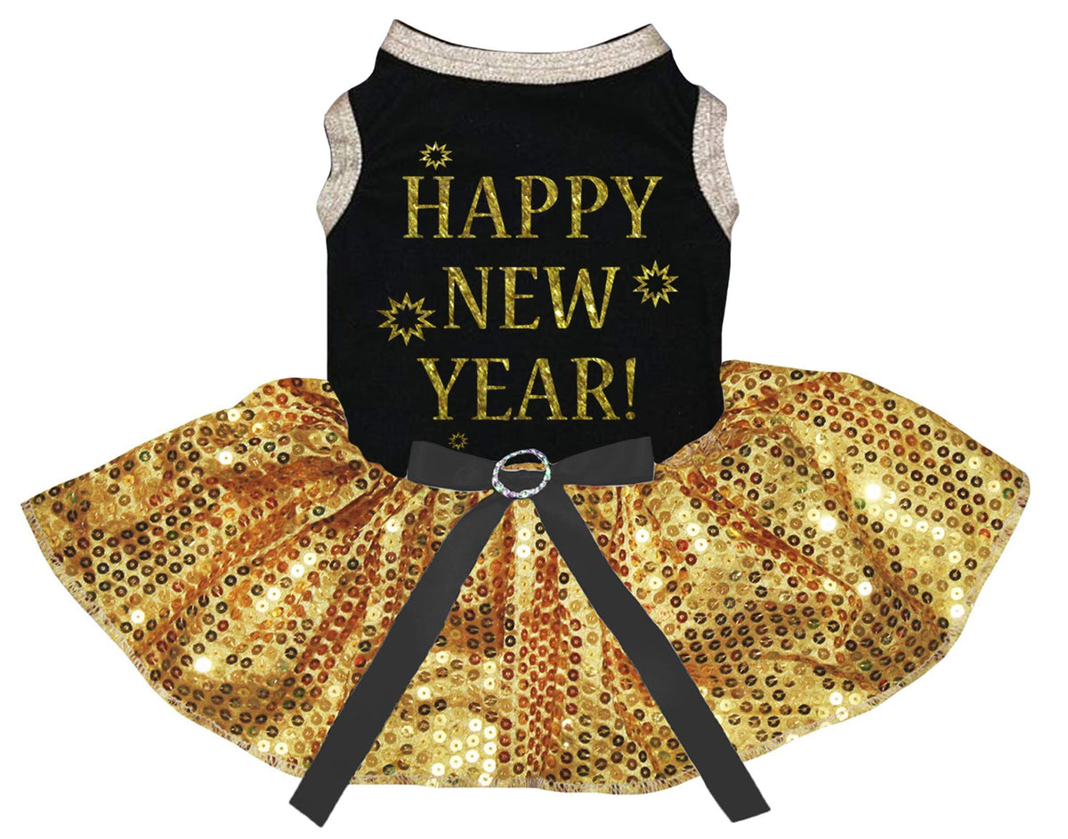 Petitebella Happy New Year puppy dress in black and yellow sequins for festive photos