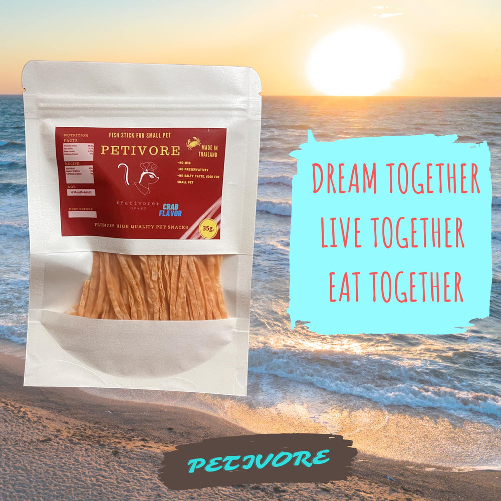 PETIVORE crab flavor packaging — 35g fish snack for rewards