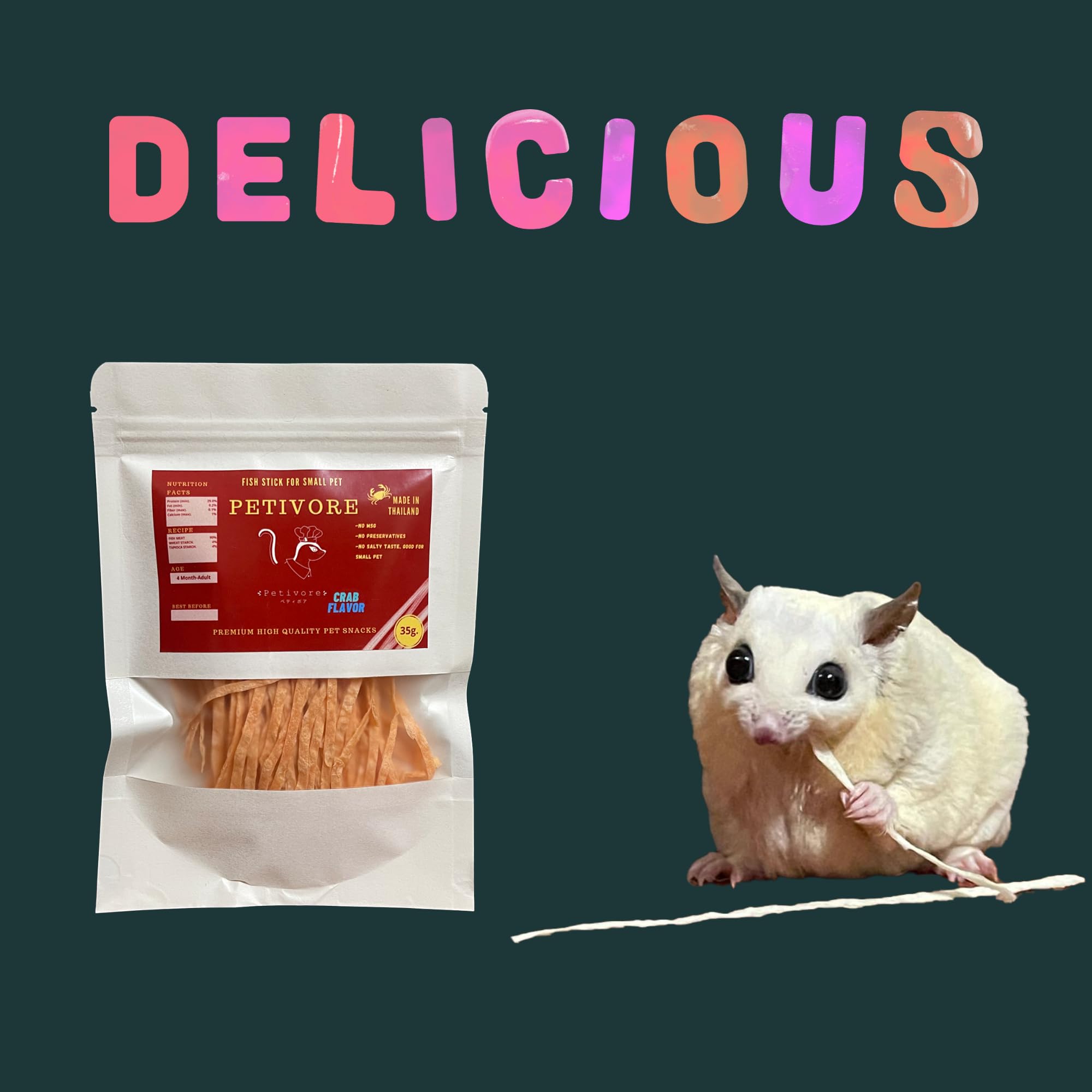 PETIVORE crab flavor texture-aroma — savory aroma and crisp bite