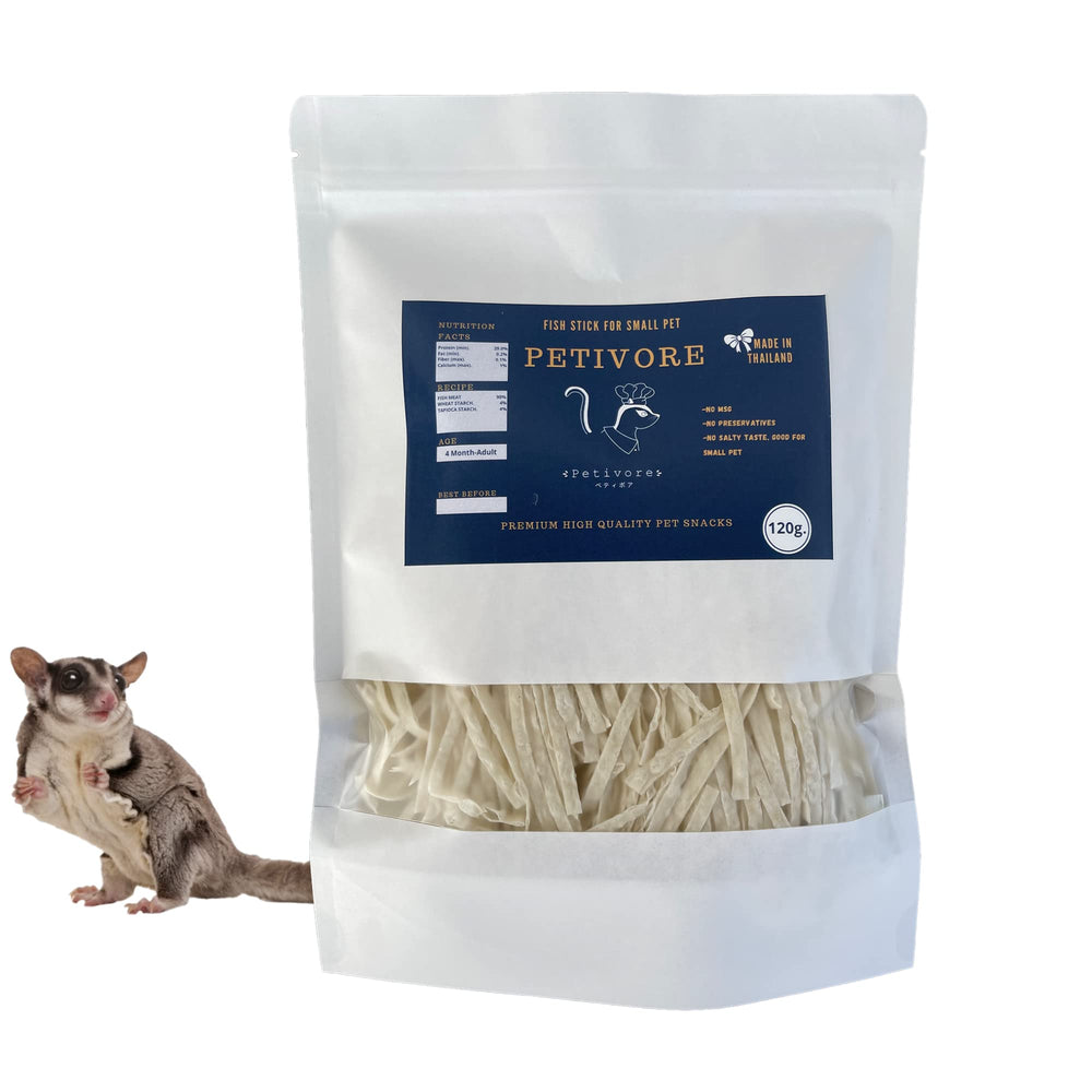 PETIVORE premium large pack fish stick packaging highlights quality and freshness for small pets.