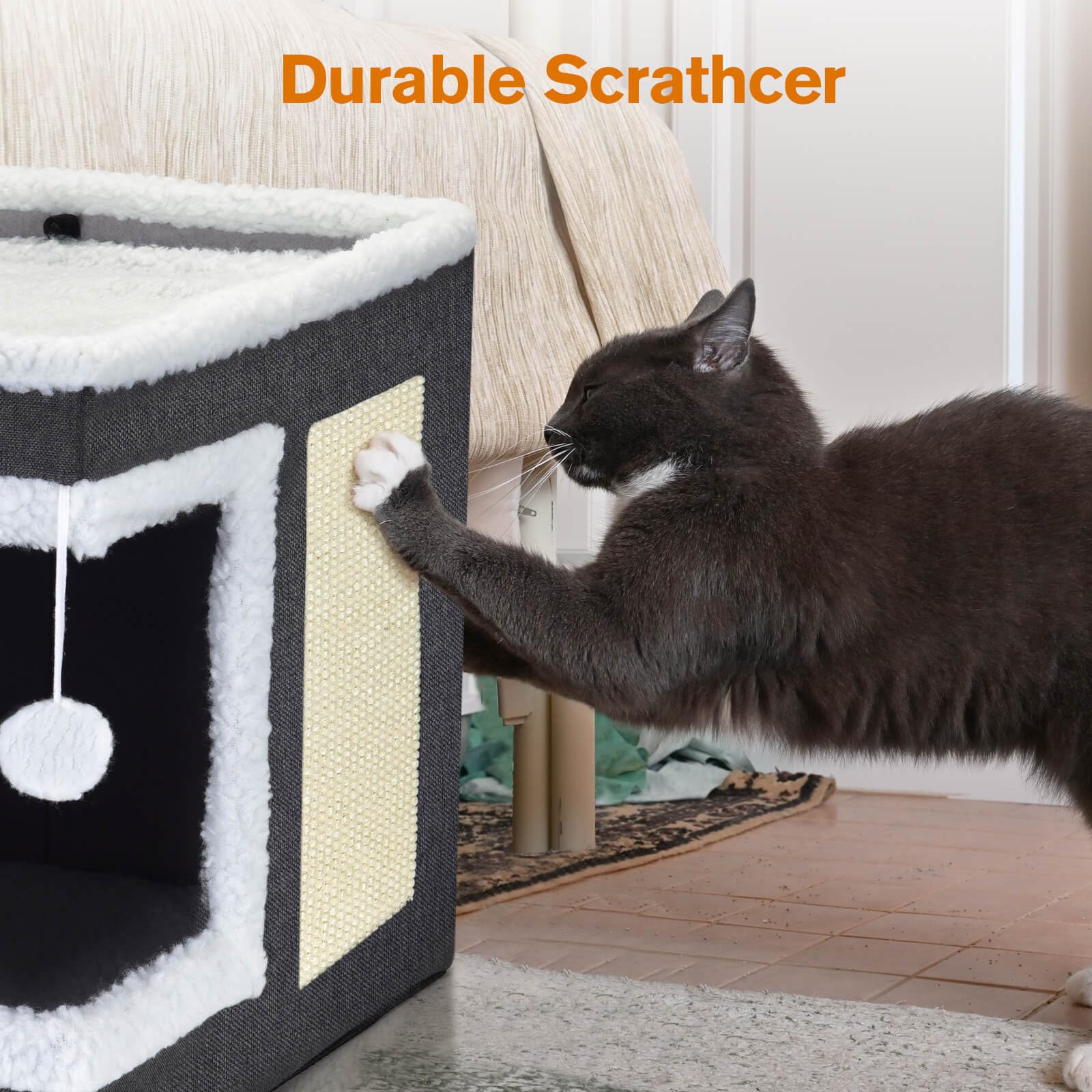 Petizer cat bed dark grey color blends with room while offering cozy hideaway.