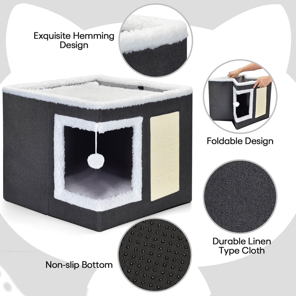 Petizer cat bed with scratching board keeps claws entertained and engaged.