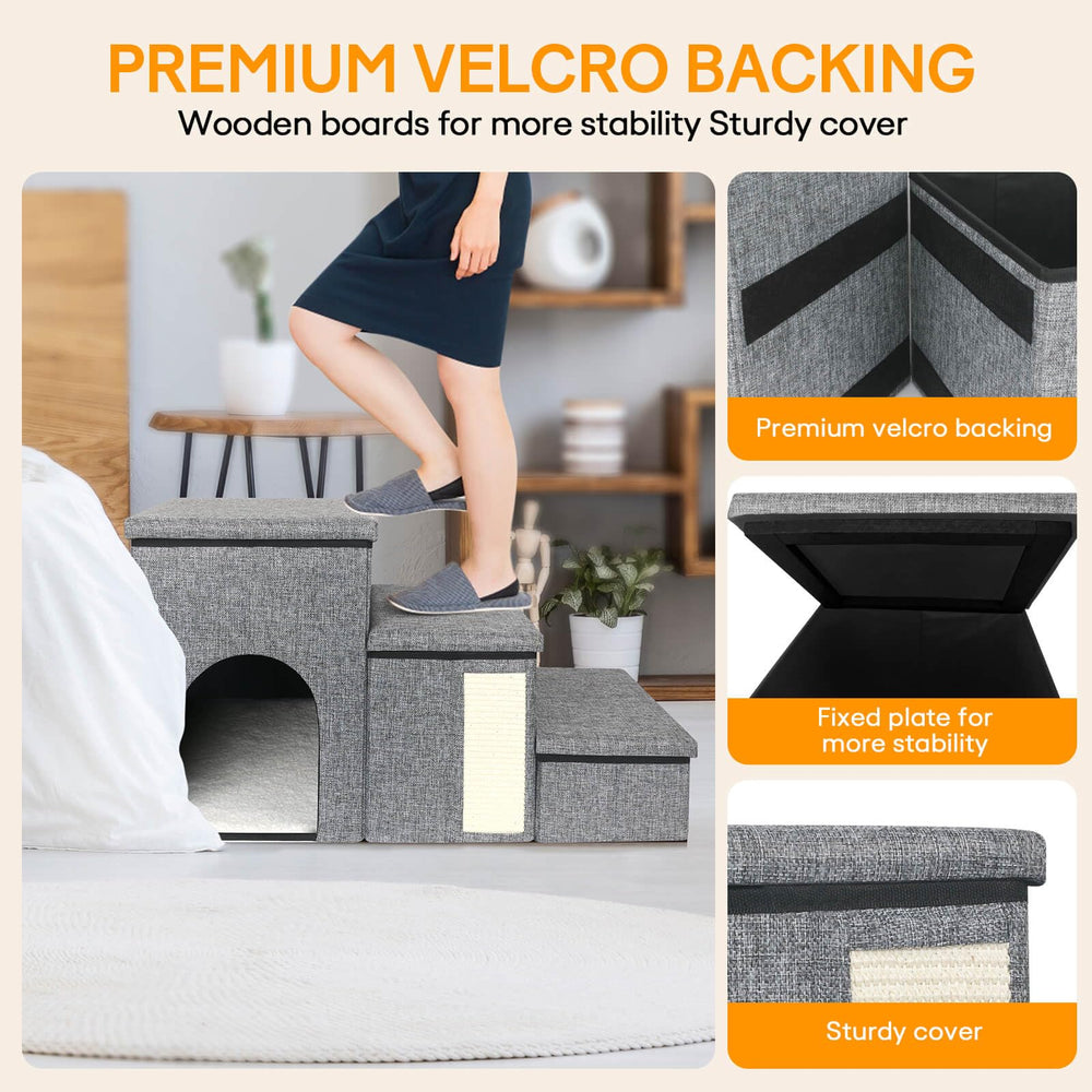 Petizer three-step dog stairs 17 inches tall placed on a couch for access