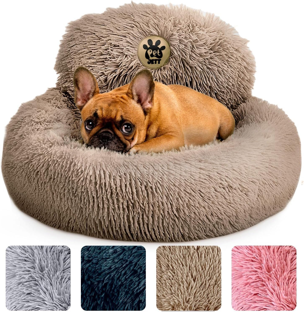 PET JETT calming dog bed 23in donut closeup showcasing plush fur for cozy curling.