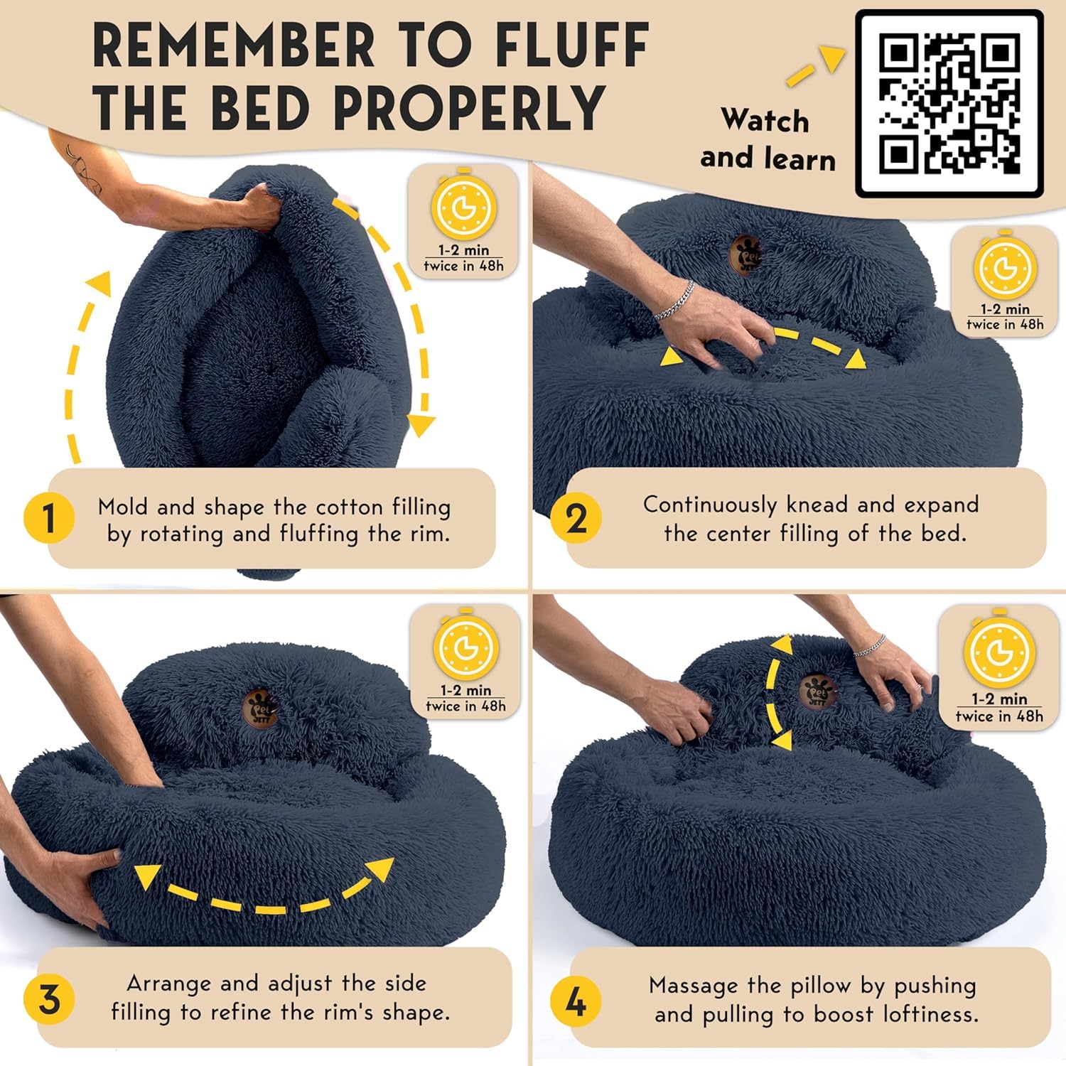 PetJett calming dog bed size guide showing fit up to 45 pounds