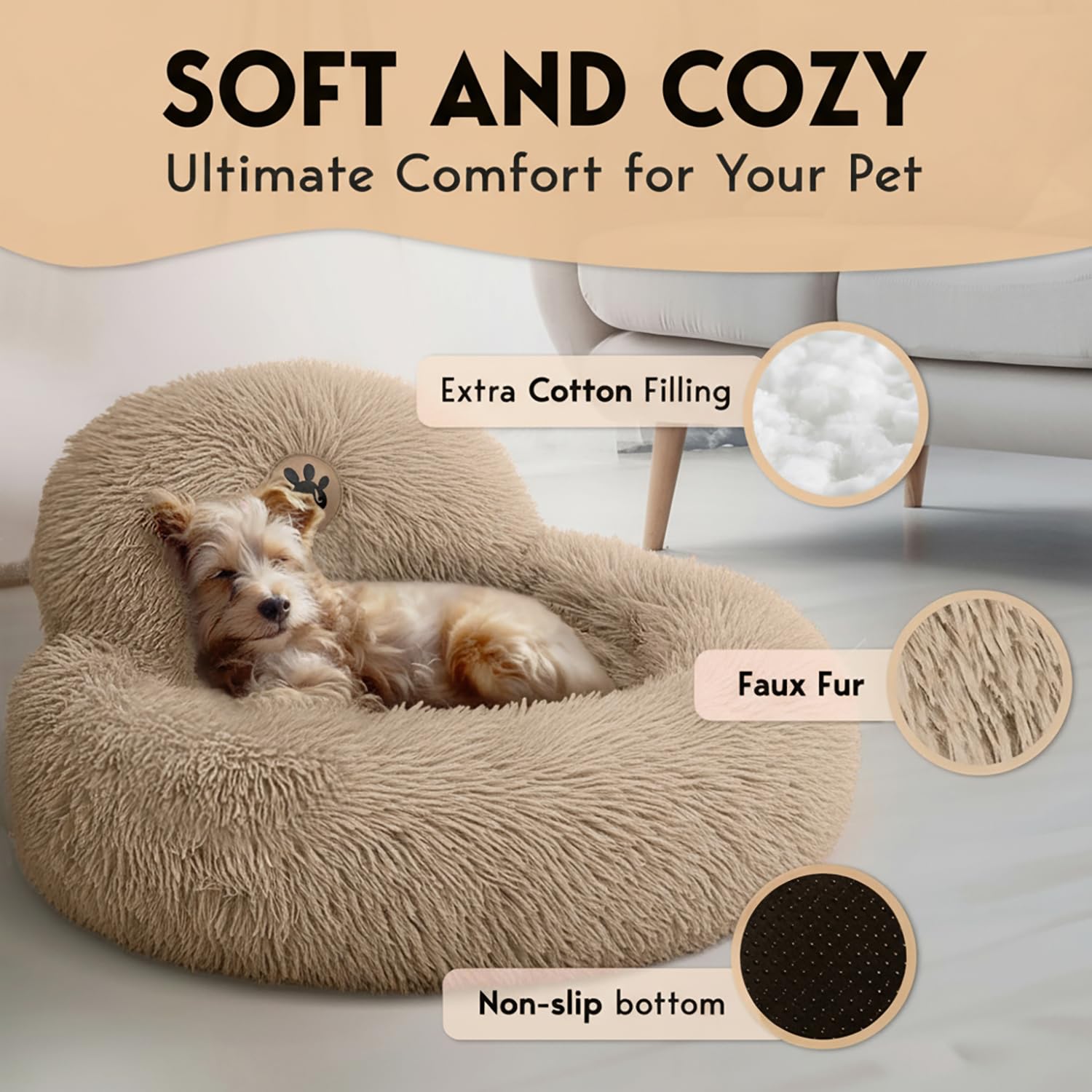 PET JETT calming dog bed with support pillow for head and neck comfort.