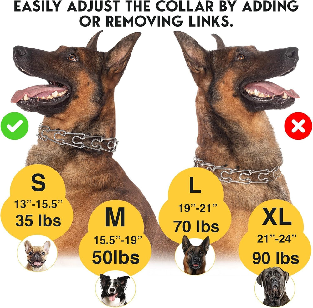 PetJett prong collar includes extra links and rubber caps for precise fit.