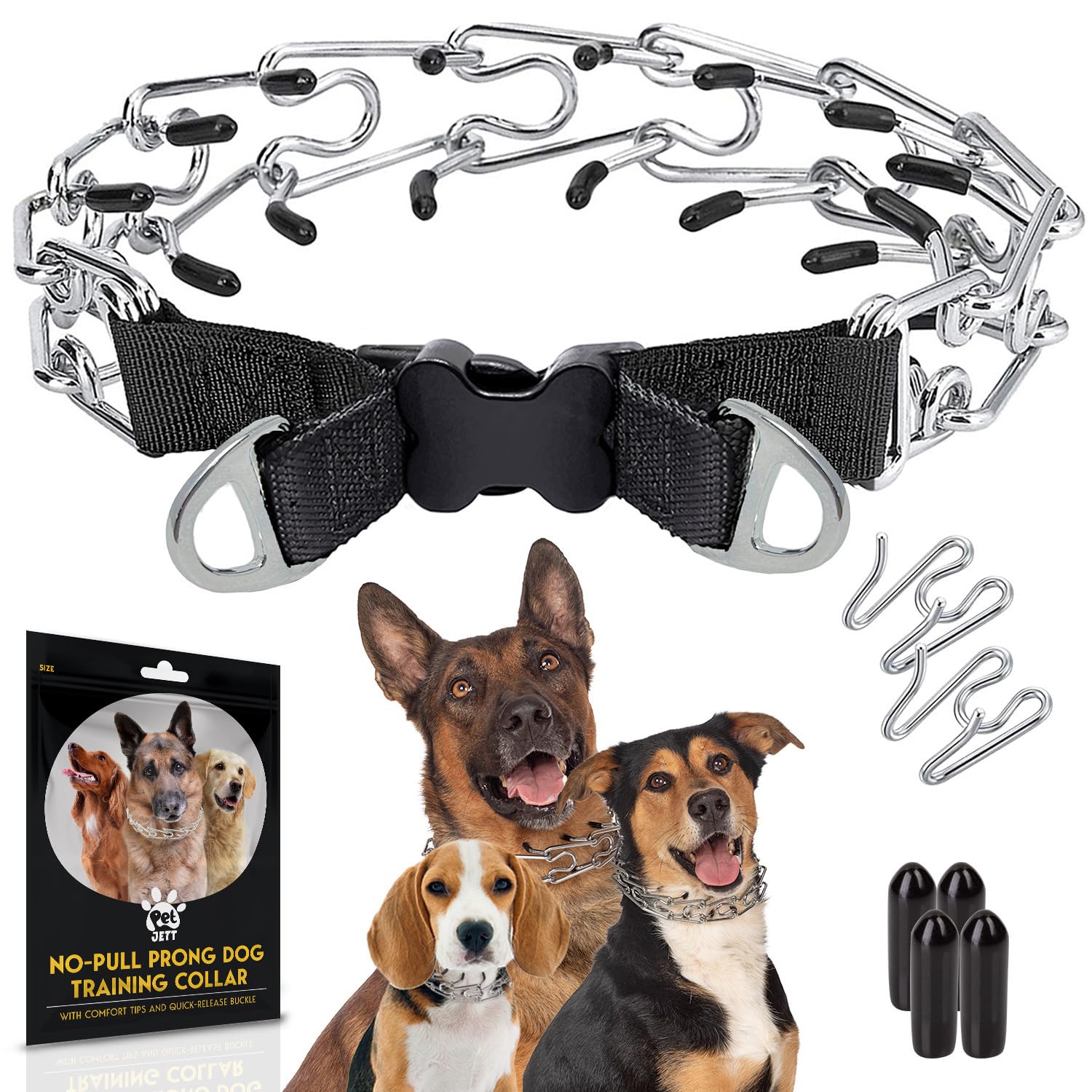 PetJett prong collar stainless steel close-up shows adjustable fit for safe training.