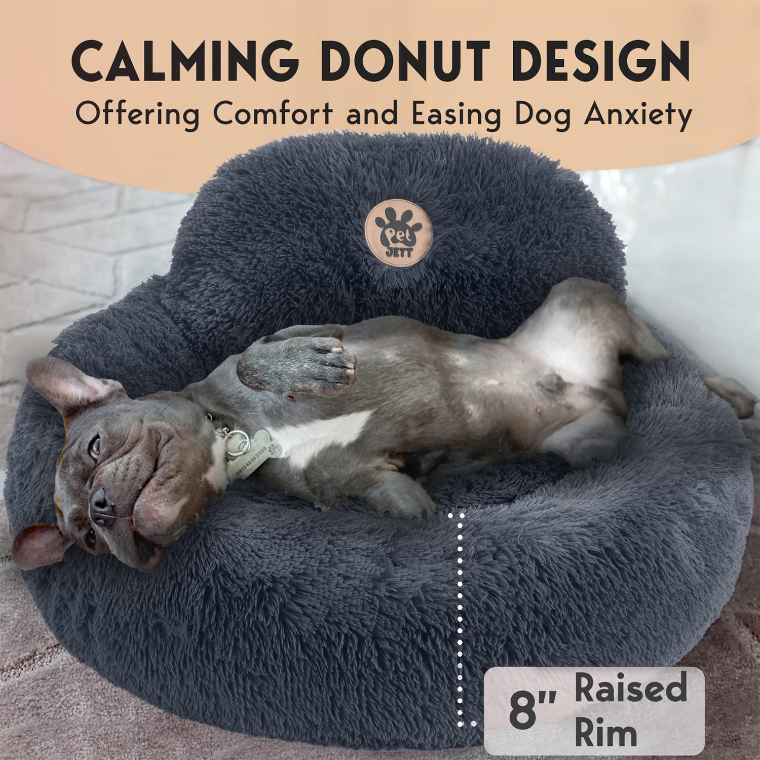 PET JETT raised-rim-8in-donut-bed supports head and neck for comfort.
