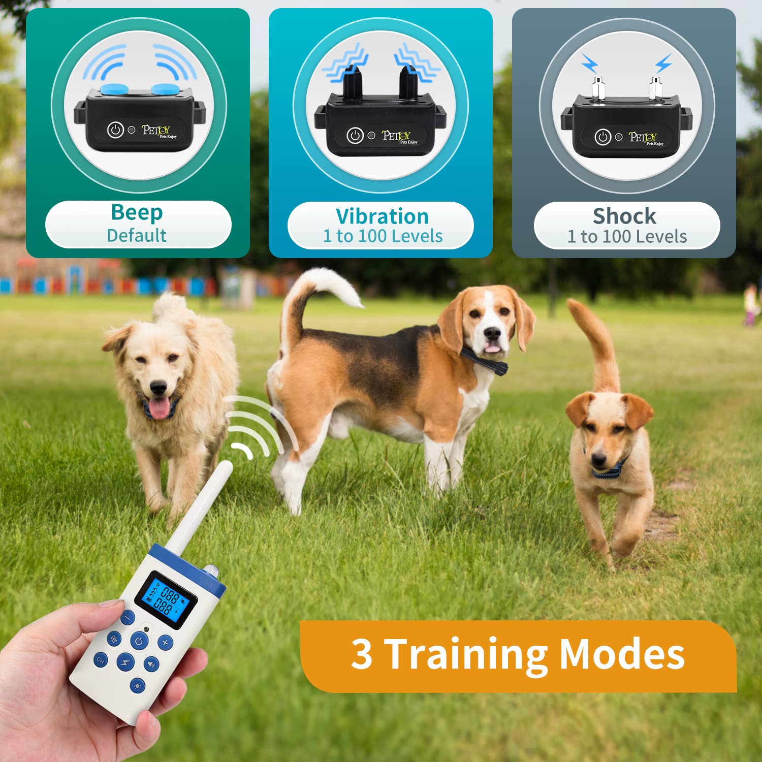 PetJoy auto mode indicator highlights hands-free training option for busy owners.