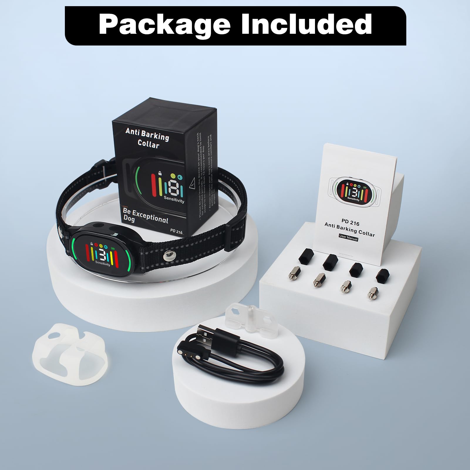 PetJoy Smart Bark Collar packaging and quick-start guide illustration.