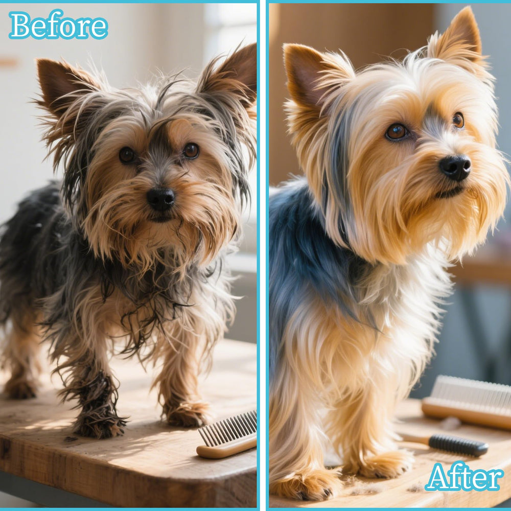 PetJoyHaven comma-shaped small-dog-brush blue packaging—compact travel tool for on-the-go grooming.