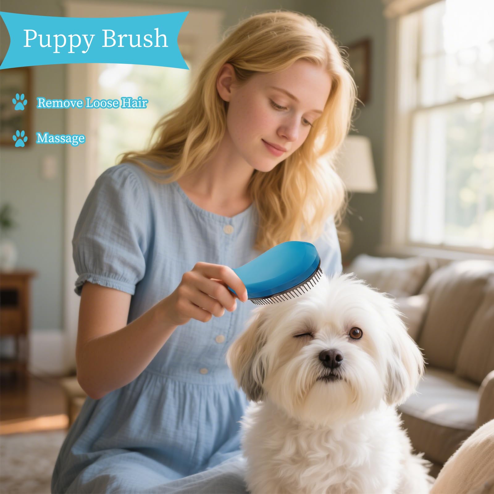 PetJoyHaven comma-shaped small-dog-brush blue travel-size—lightweight design for parks and trips.