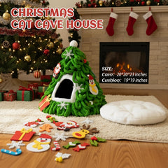 PETKARAY Christmas tree cat cave side view, festive styling with cozy nook.