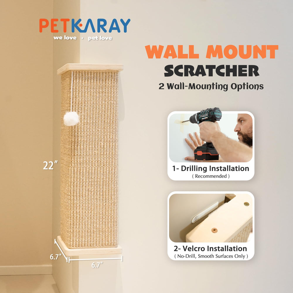 PETKARAY corner scratcher installation options including hardware for walls and Velcro for no-drill use.