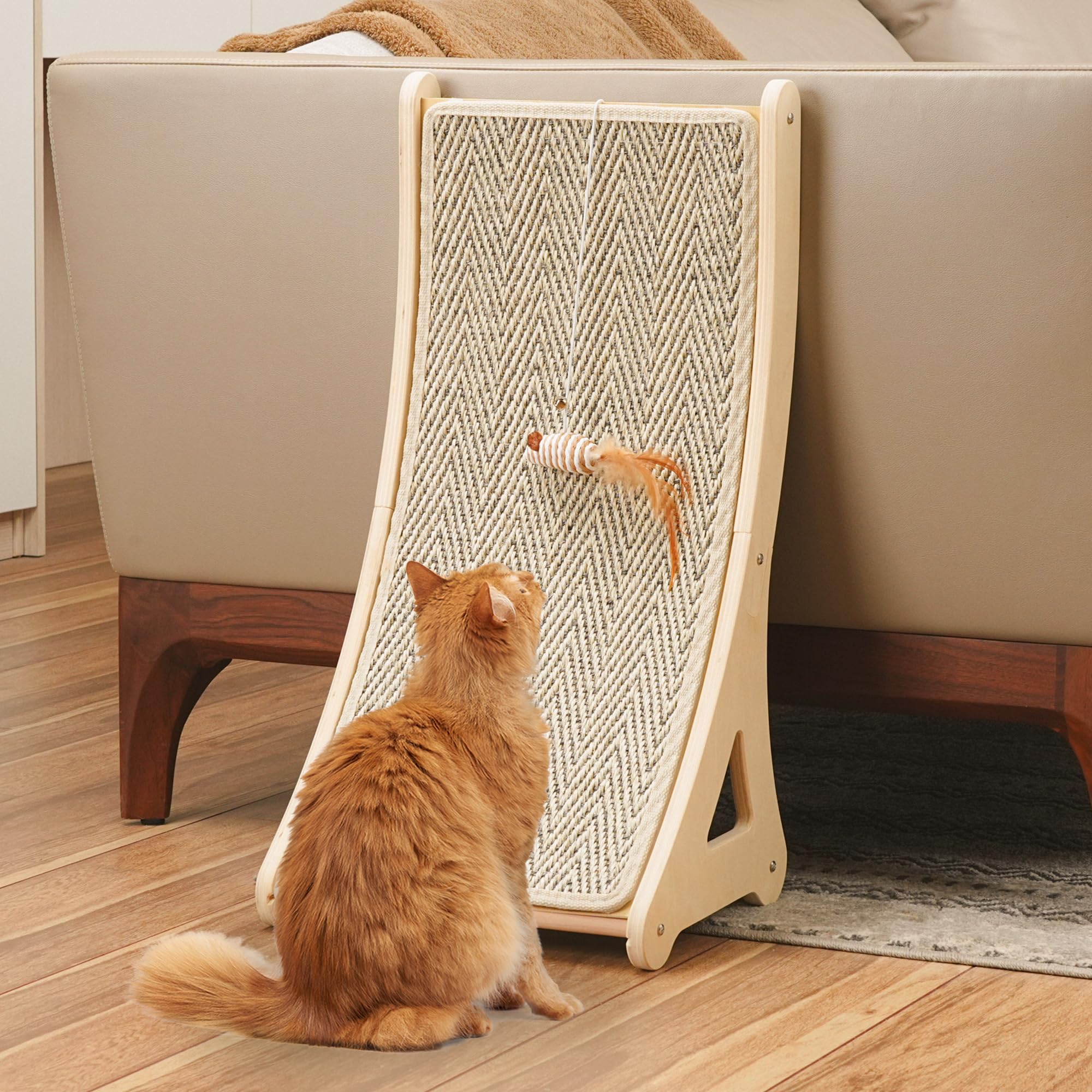 PETKARAY curved scratcher assembly shows sturdy wooden frame for long-lasting use