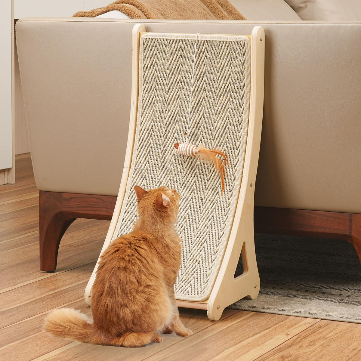 PETKARAY curved scratcher assembly shows sturdy wooden frame for long-lasting use