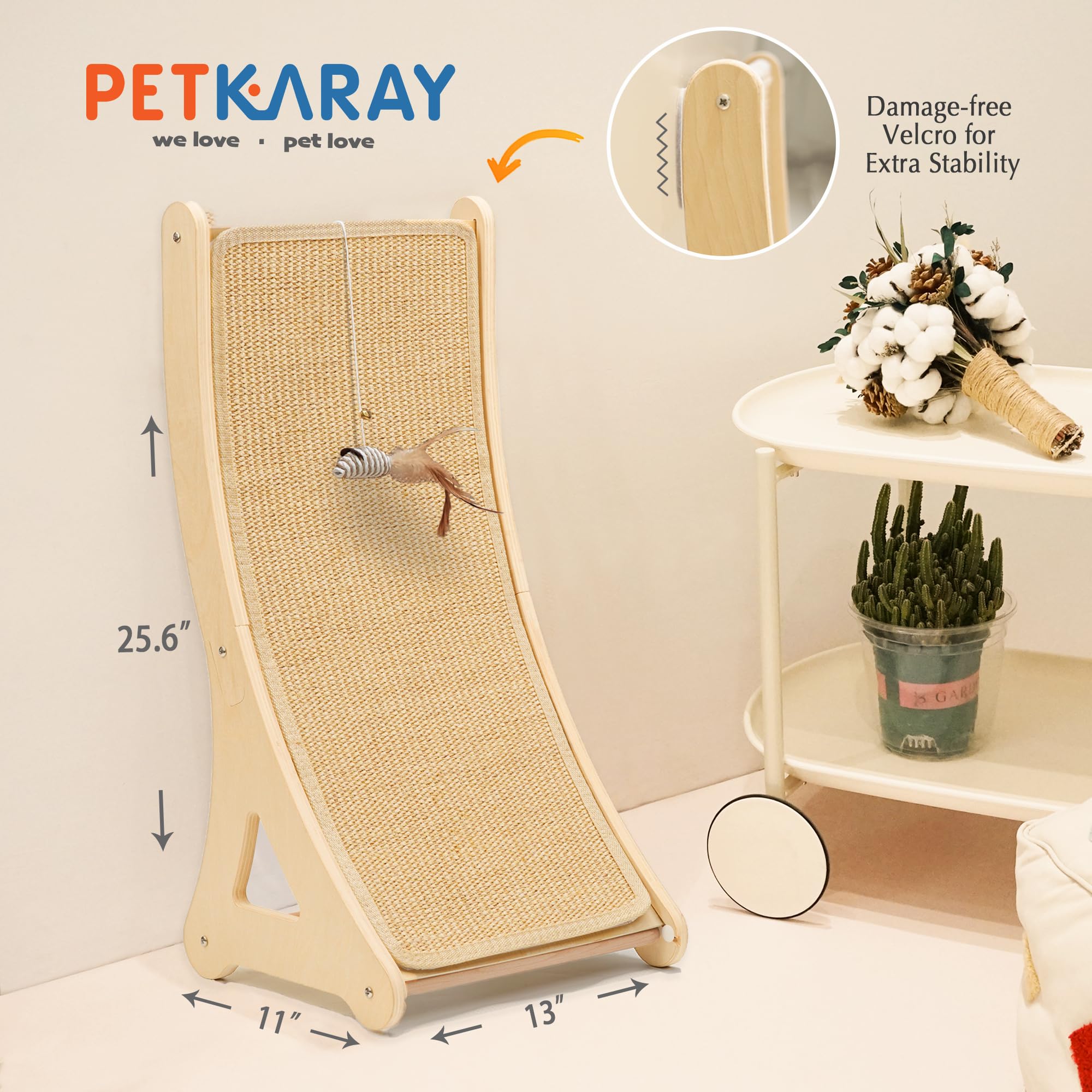 PETKARAY curved scratcher includes mouse toy for engaging play sessions.