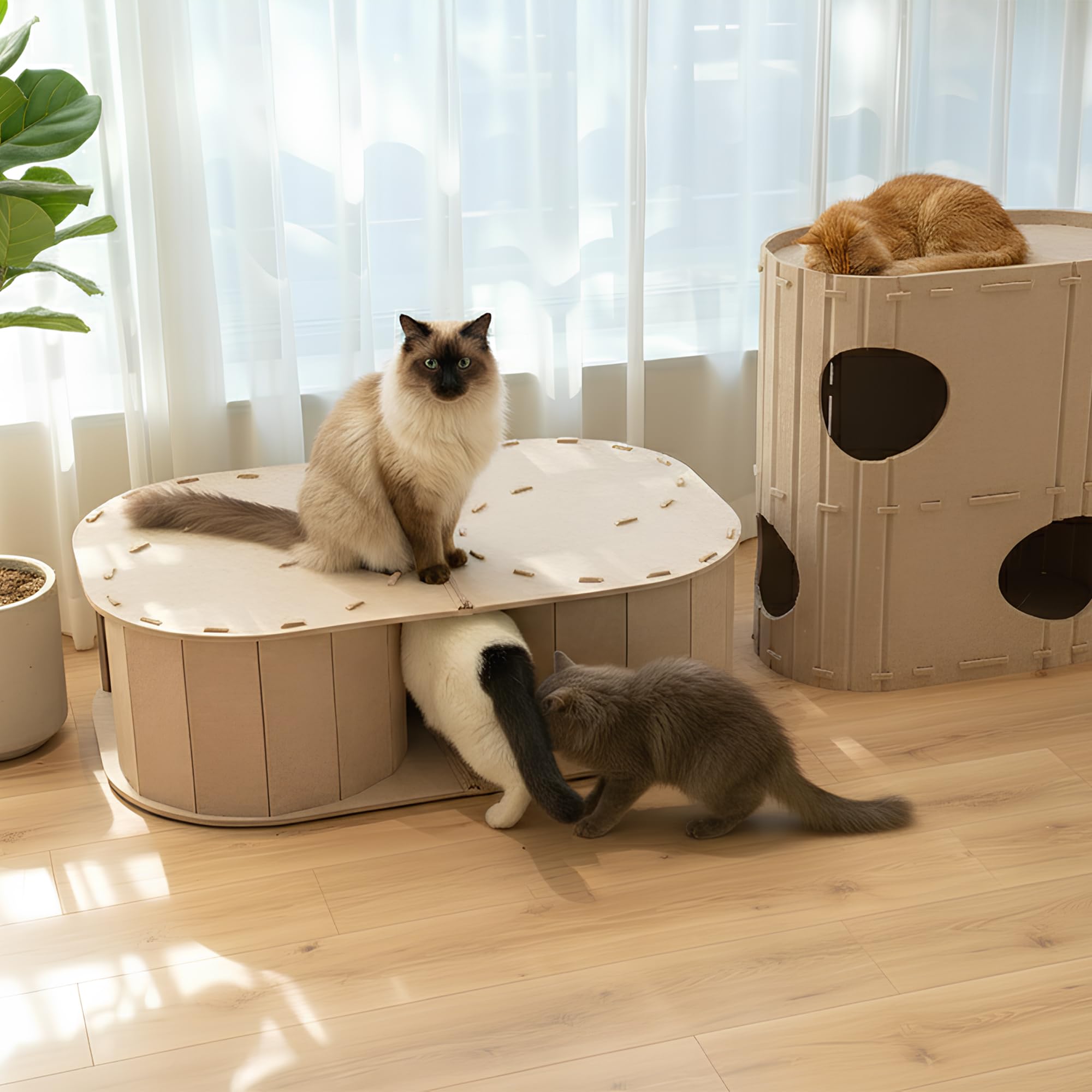 PETKARAY Large Felt Cat Tunnel beige room setup showing versatile indoor use and decorative fit.