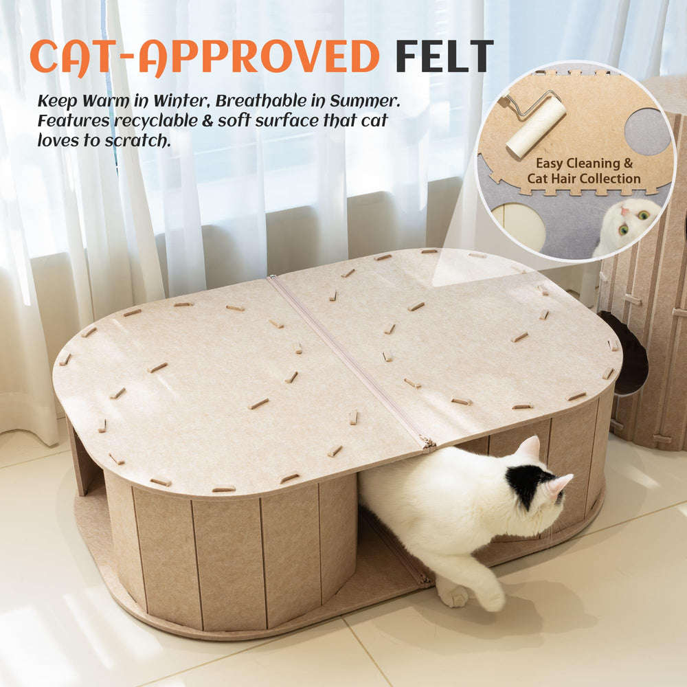 PETKARAY Large Felt Cat Tunnel multi-cat play scene highlighting shared space and peaceful lounging.
