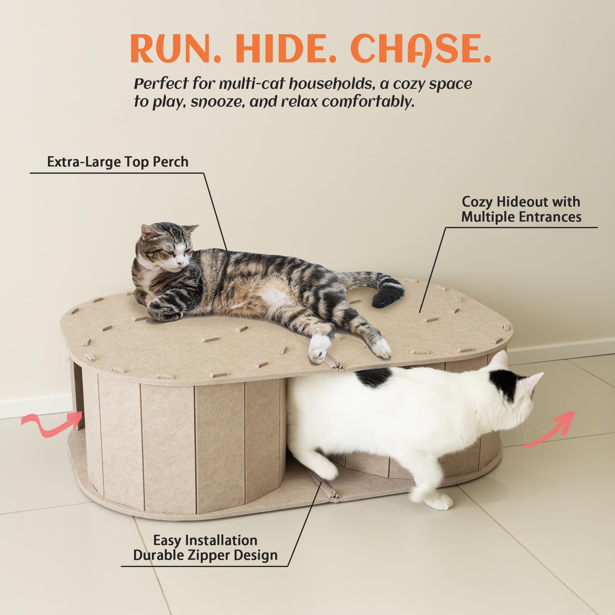 PETKARAY Large Felt Cat Tunnel texture closeup shows soft breathable fabric for year-round comfort.