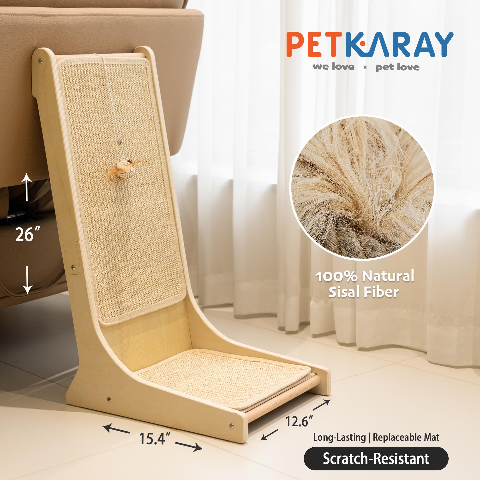PETKARAY sisal scratch pad wall-mounted shows space-saving vertical design for apartments.
