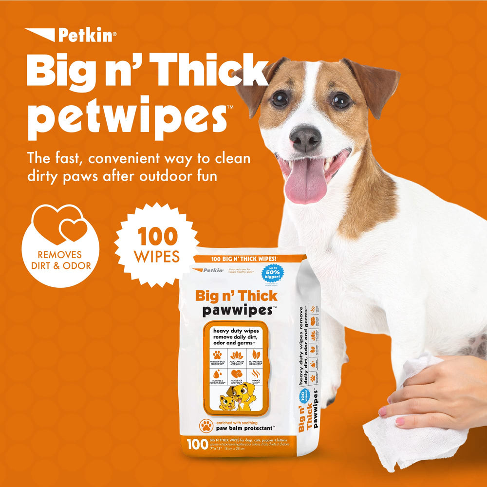 Petkin Big N' Thick Paw Wipes bundle shows 100 wipes for daily use or travel.