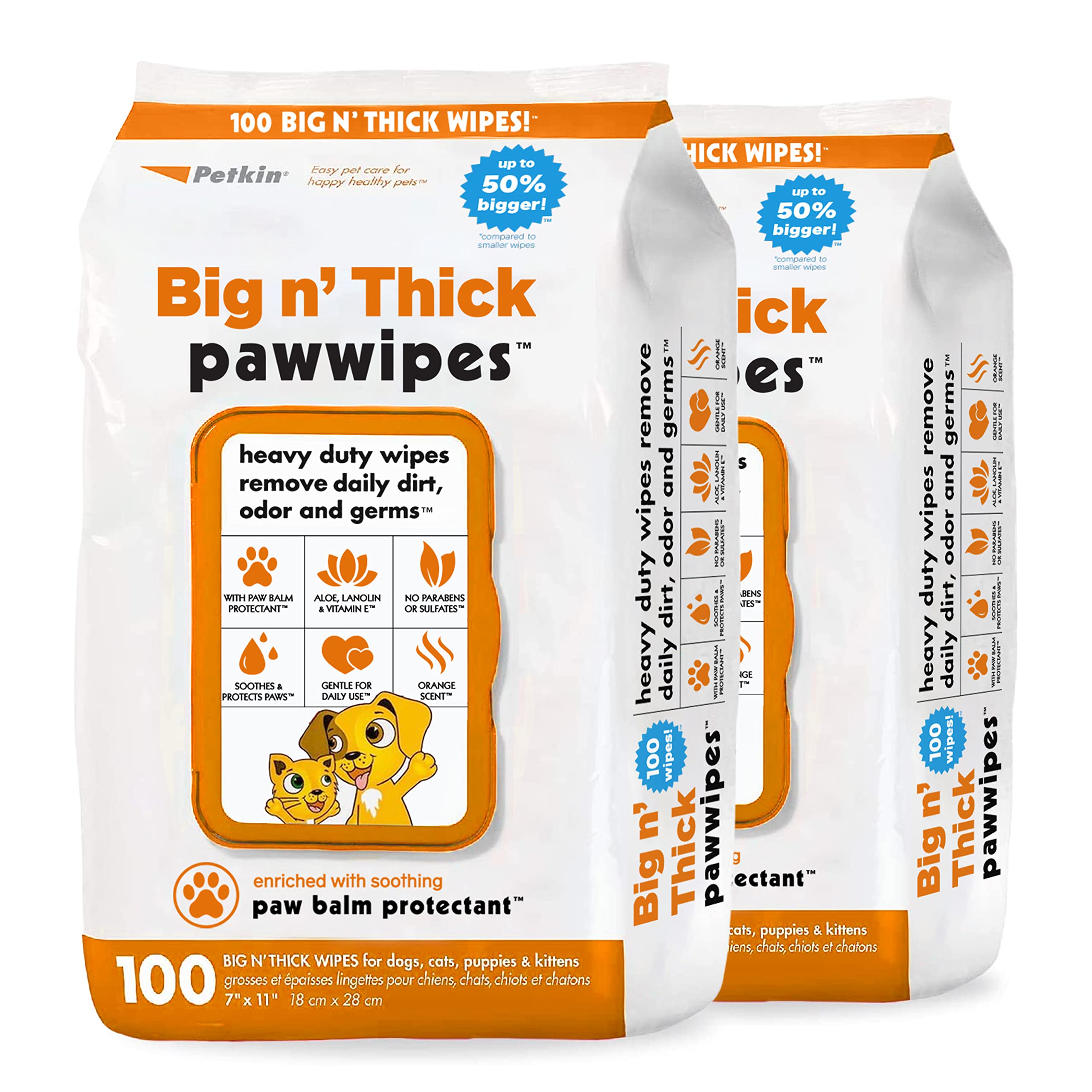 Petkin Big N' Thick Paw Wipes packaging front for easy home use.