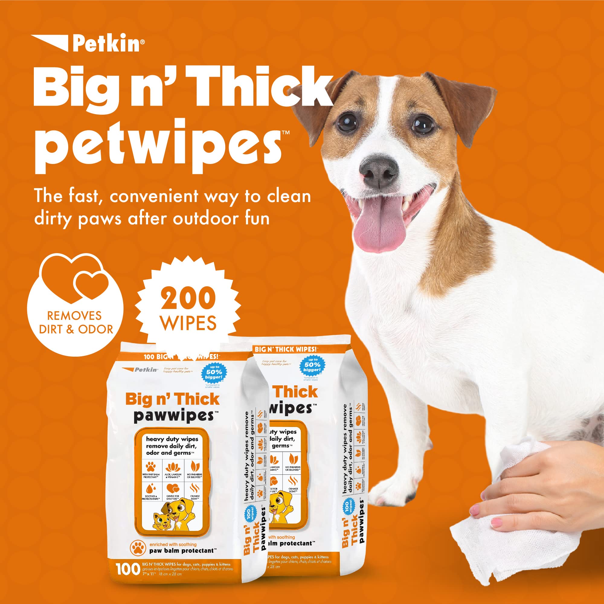Petkin Big N' Thick Paw Wipes close-up showing large wipe surface.