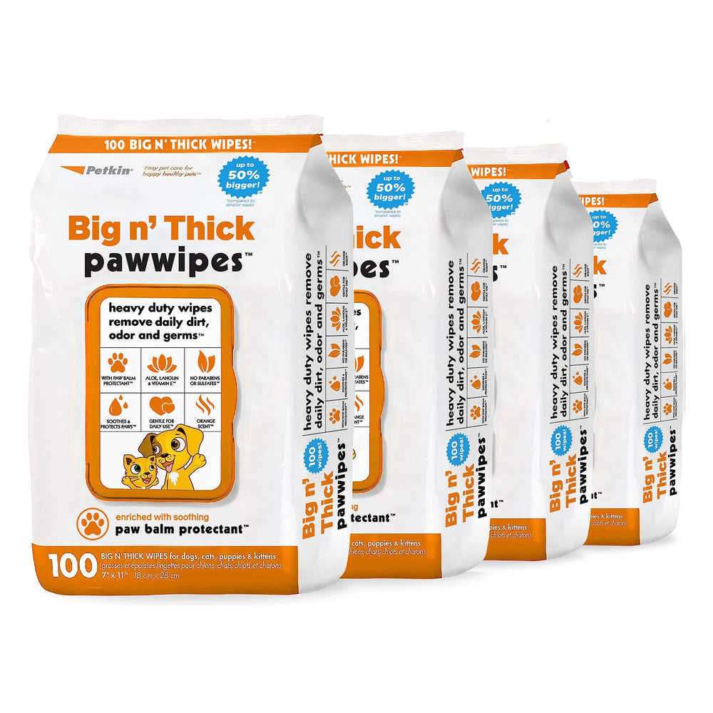 Petkin Big N' Thick Paw Wipes four-pack box for quick post-walk cleanup at home.