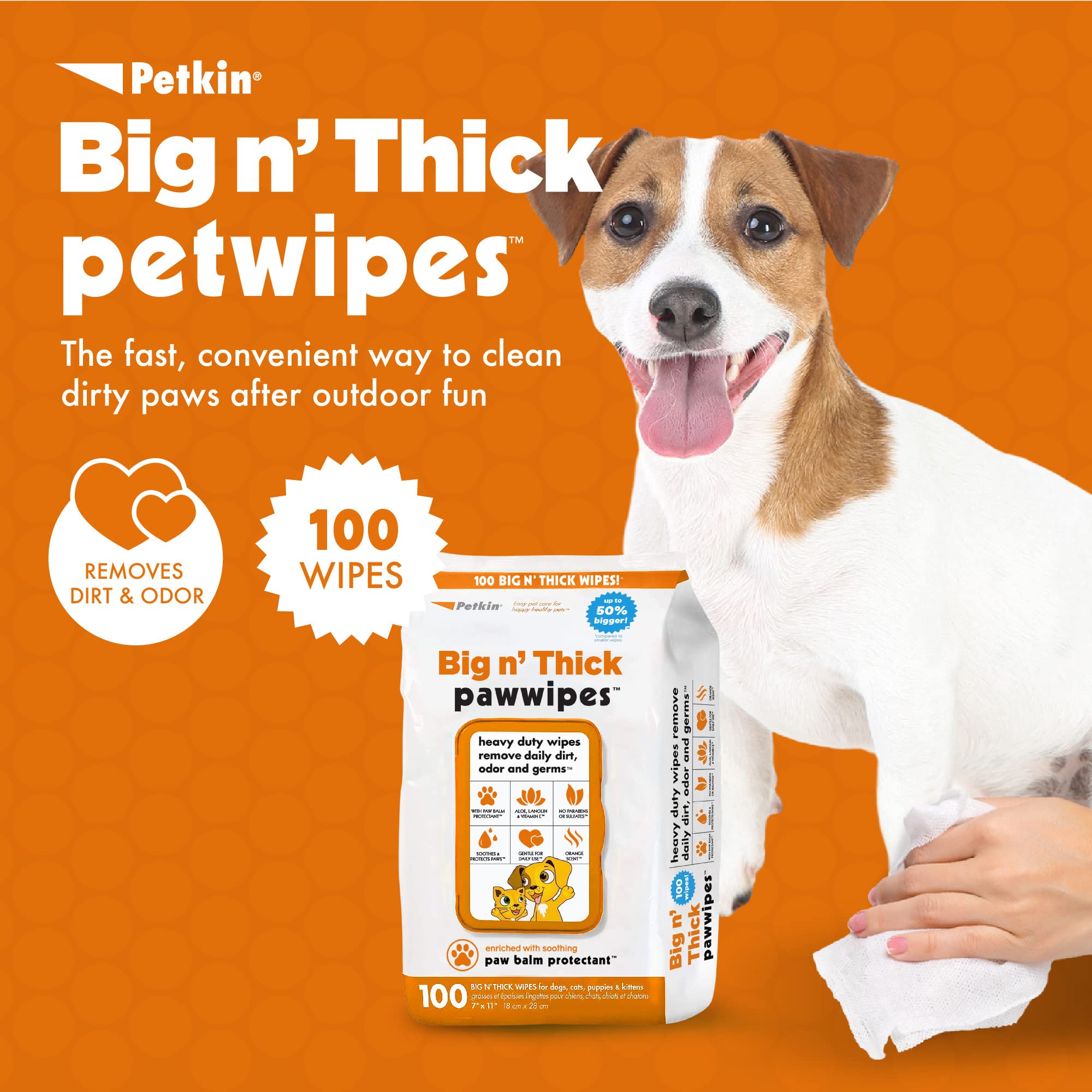 Petkin Big N' Thick Paw Wipes large wipe open for fast muddy paw cleaning after outdoor play.