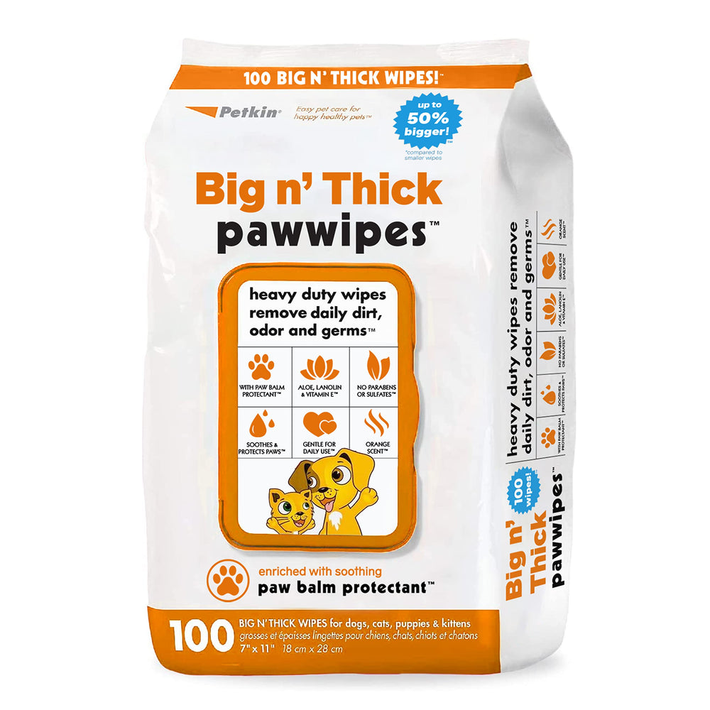 Petkin Big N' Thick Paw Wipes pack front for quick muddy-paw cleanup after outdoor fun.