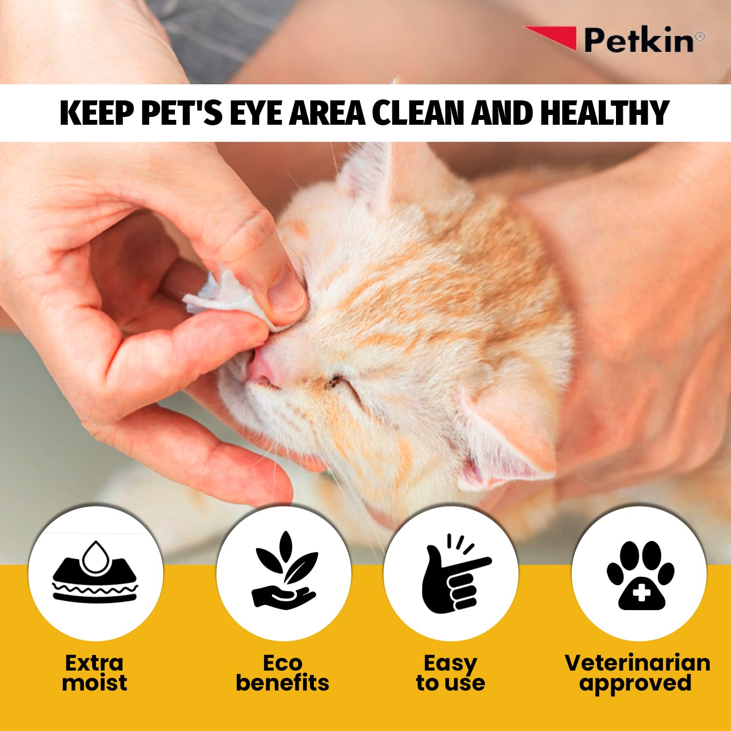 Close-up of Petkin eye wipe formula with aloe vera and botanicals for gentle cleansing.
