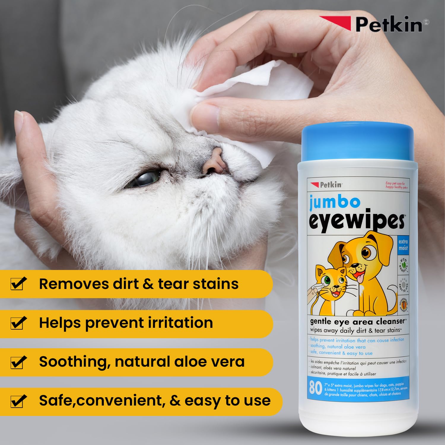 Petkin eye wipe in use around a dog's eye area to remove dirt and discharge.