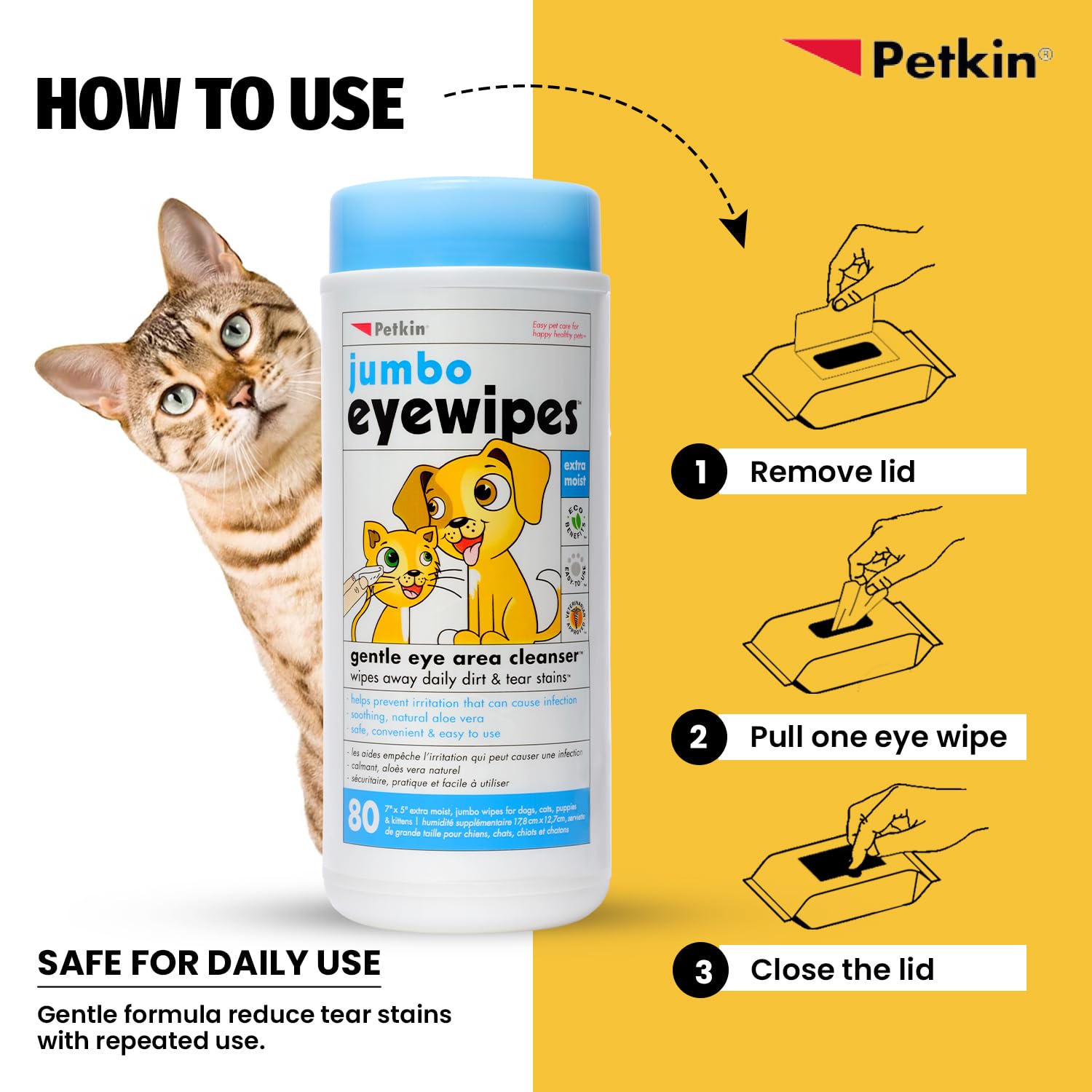 Petkin Jumbo Eye Wipes in a travel-ready setup for on‑the‑go eye care.