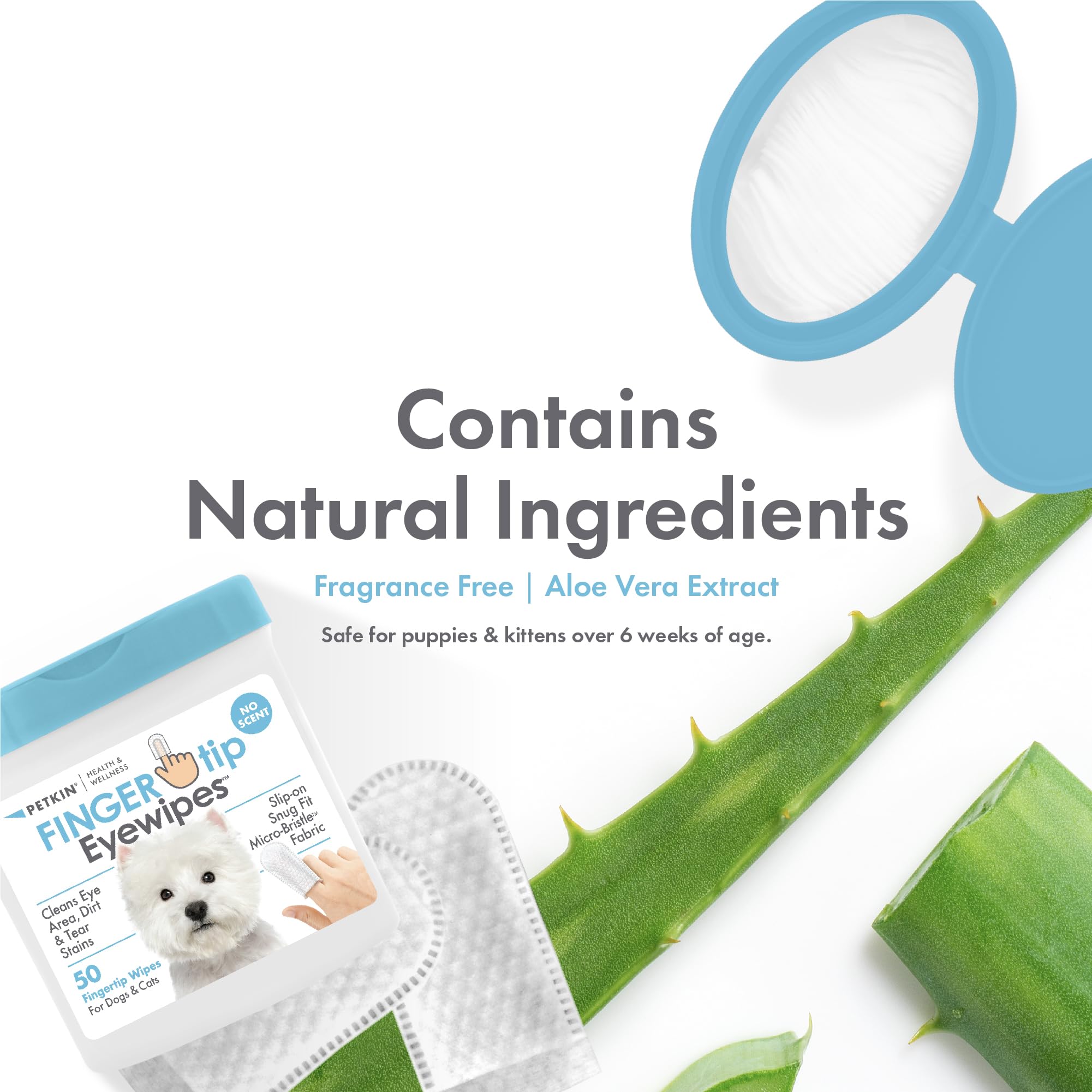 Petkin Fingertip Eye Wipes used on dogs and cats to remove dirt