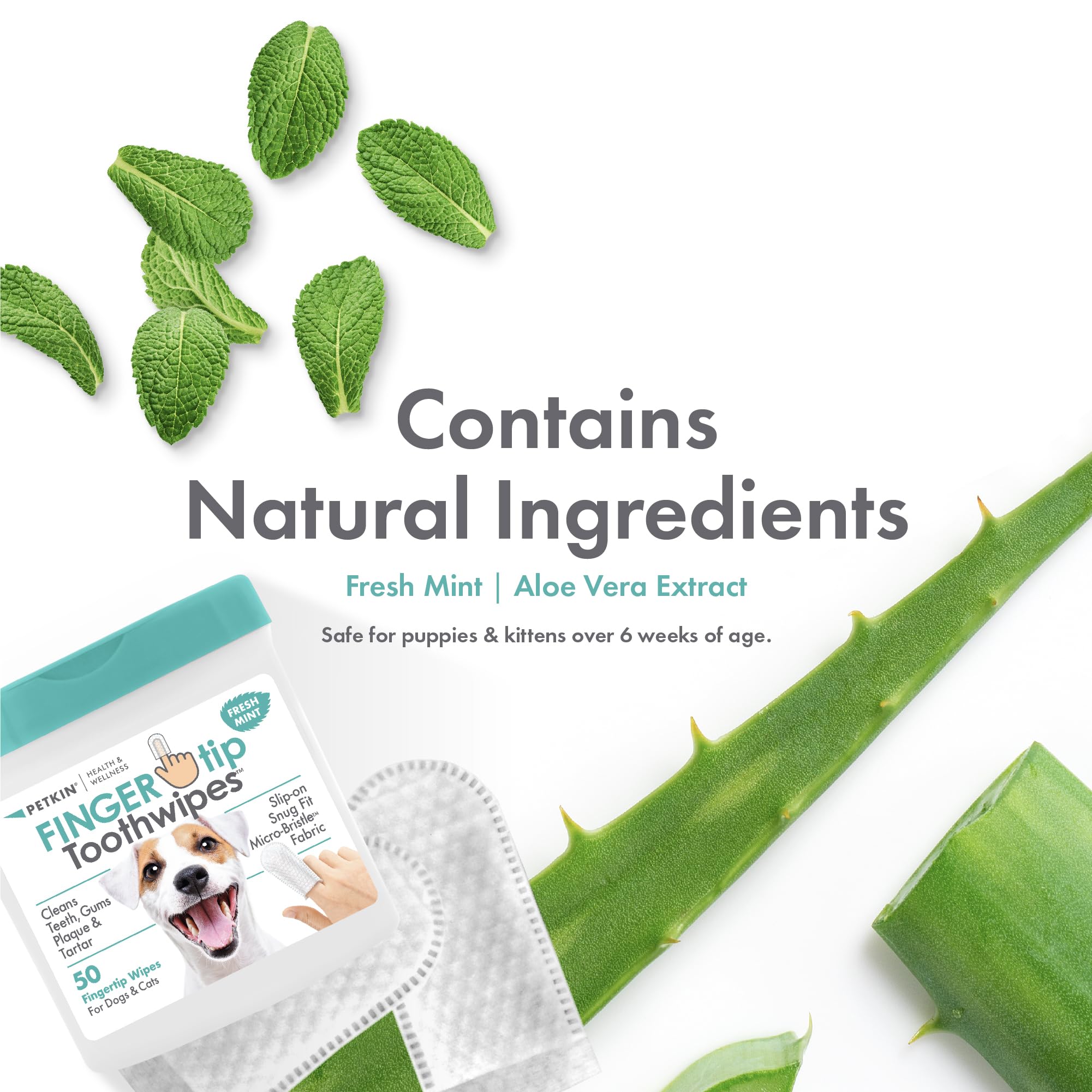 Petkin Fingertip Tooth Wipes aloe-enriched formula gentle on gums.