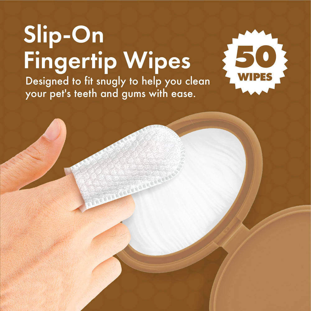 Petkin Fingertip Tooth Wipes with peanut butter flavor make brushing enjoyable for pets.