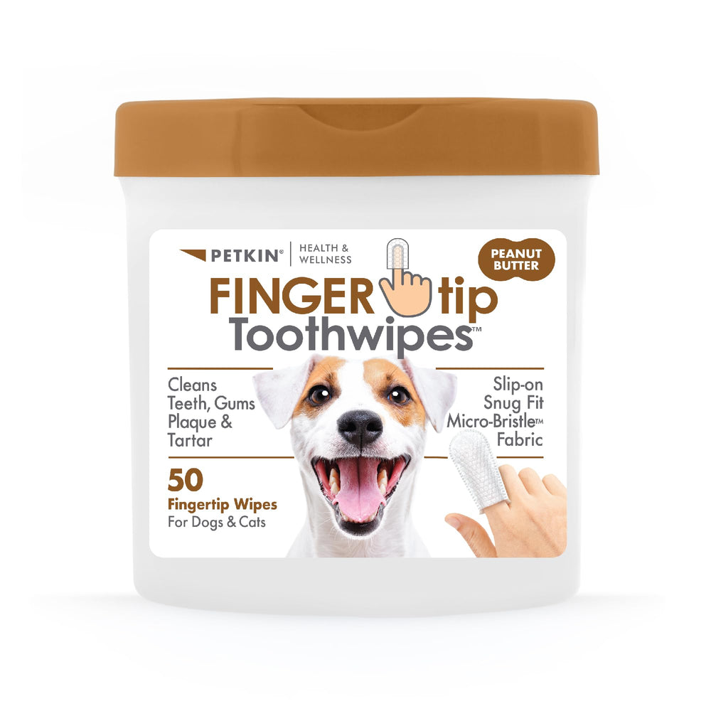 Petkin Fingertip Tooth Wipes slip-on design enables fast, gentle dental cleaning for dogs and cats.