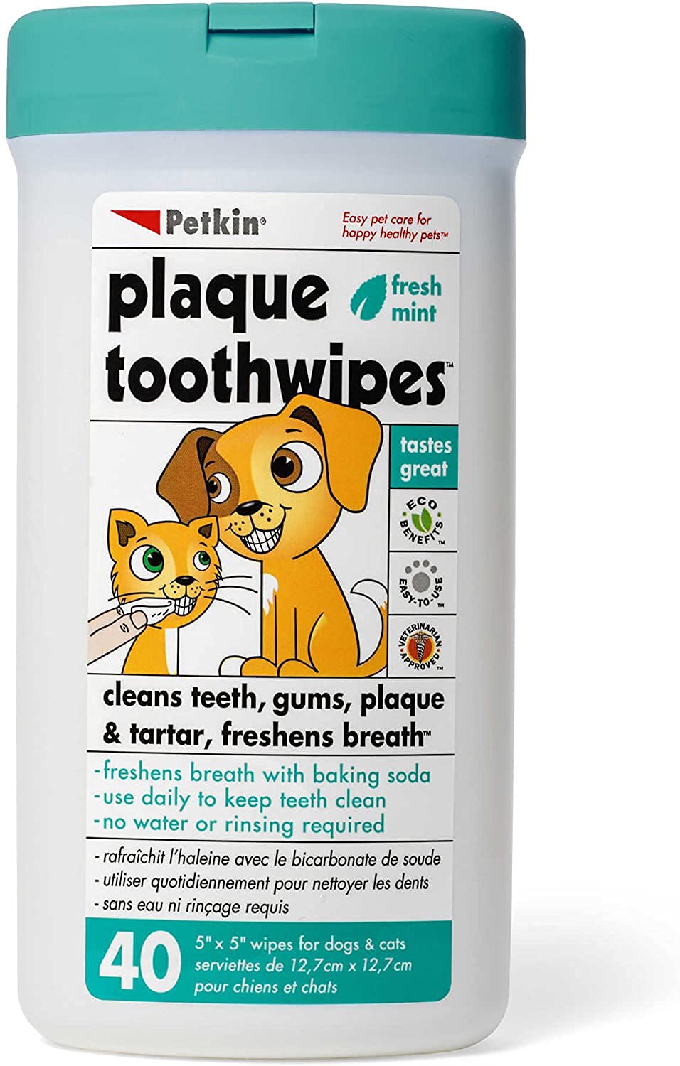 Petkin Fresh Mint Dental Wipes with cap open for easy water-free care