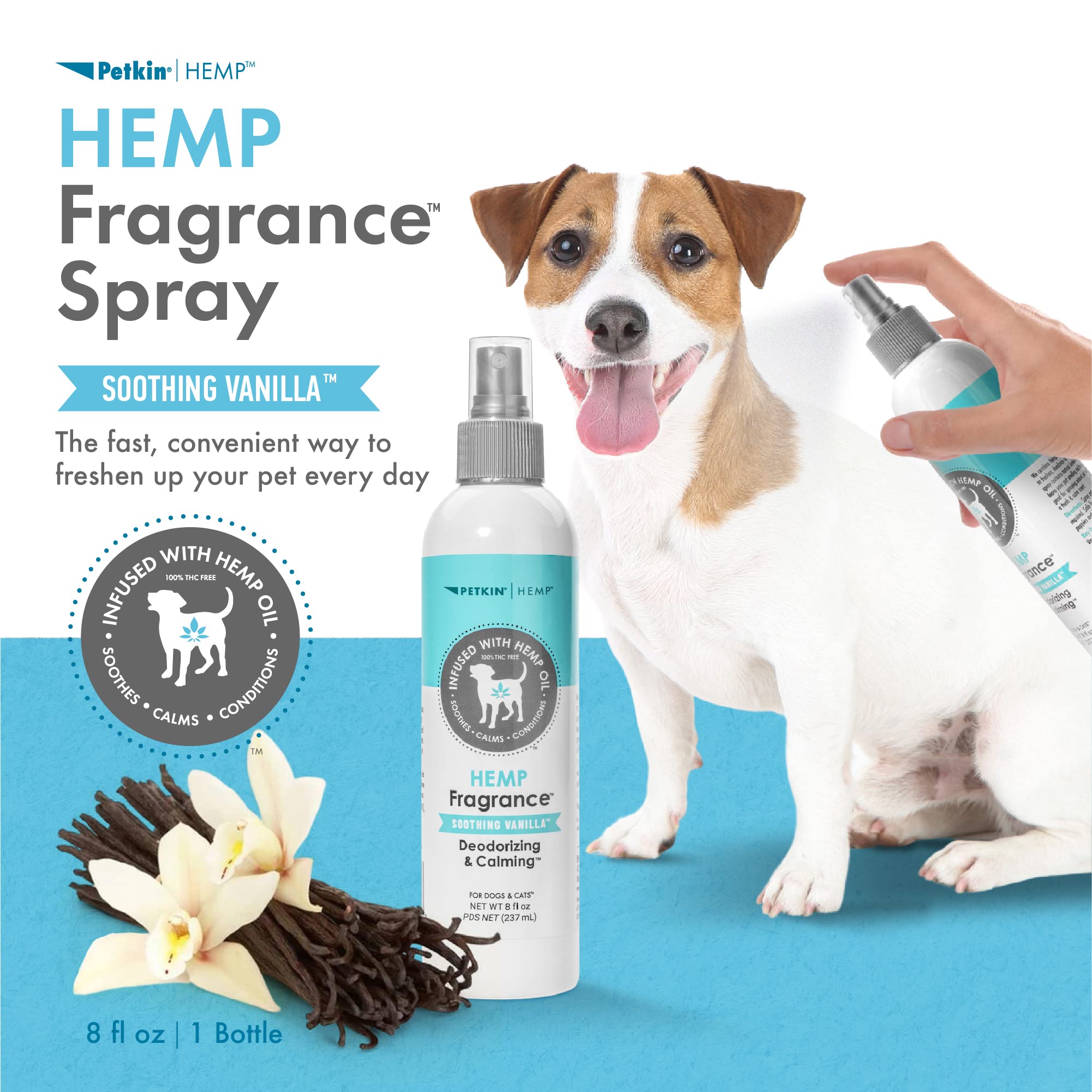 Petkin Hemp Fragrance for cats bottle demonstrates between-bath scent for felines