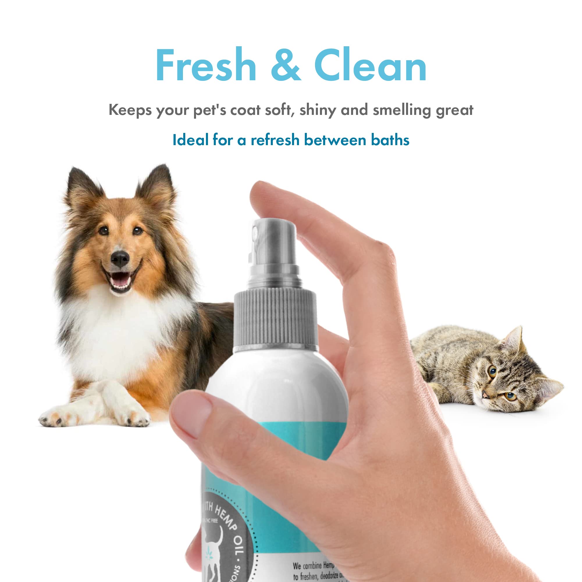 Coat freshening with Petkin Hemp Fragrance spray for a soft, scented coat