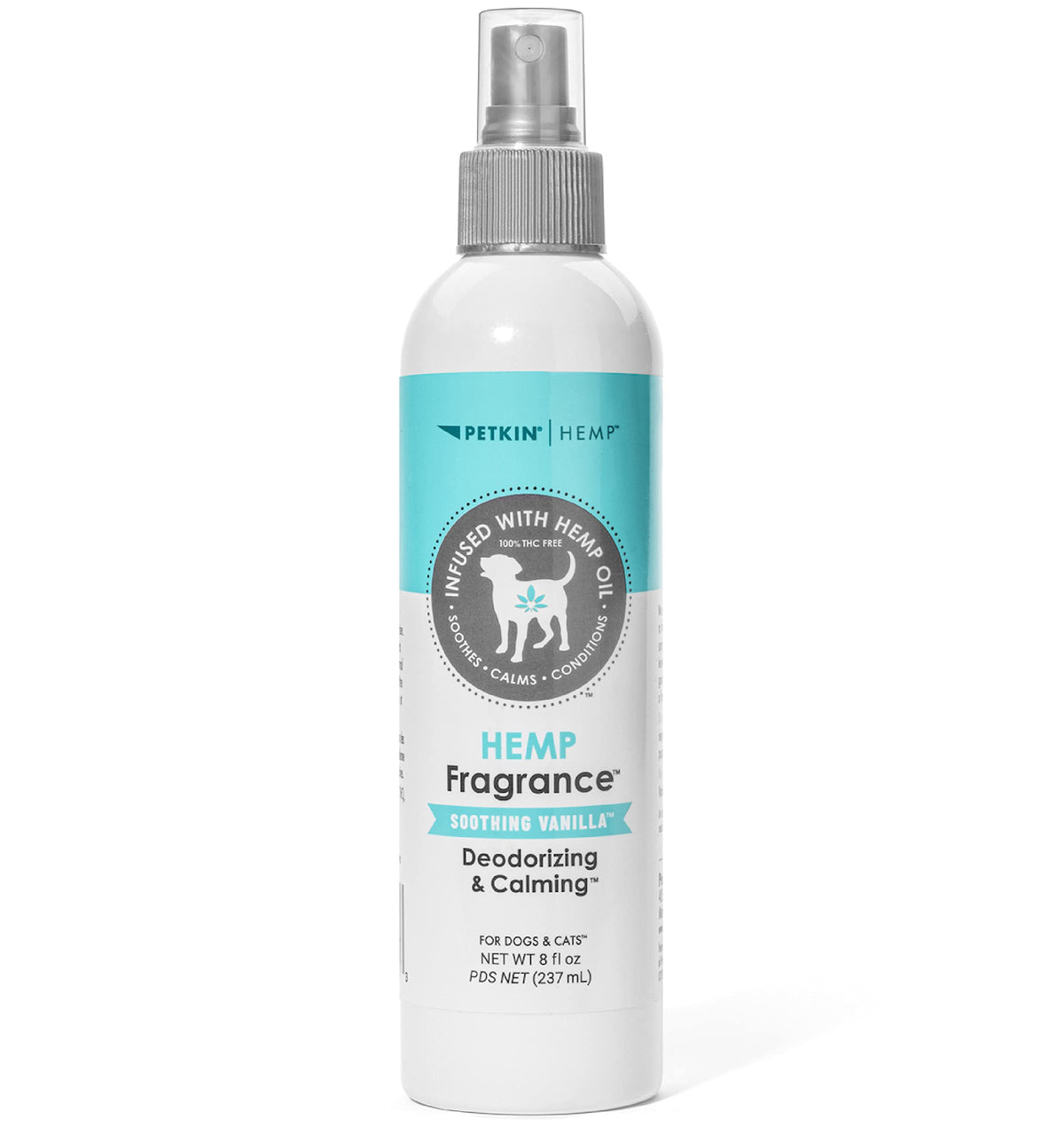 Petkin Hemp Fragrance for dogs bottle shows 8 oz for quick deodorizing refresh